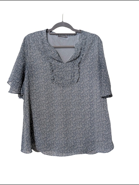 Furnex Tops - Blue Floral Ruffle V-Neck Blouse Womens